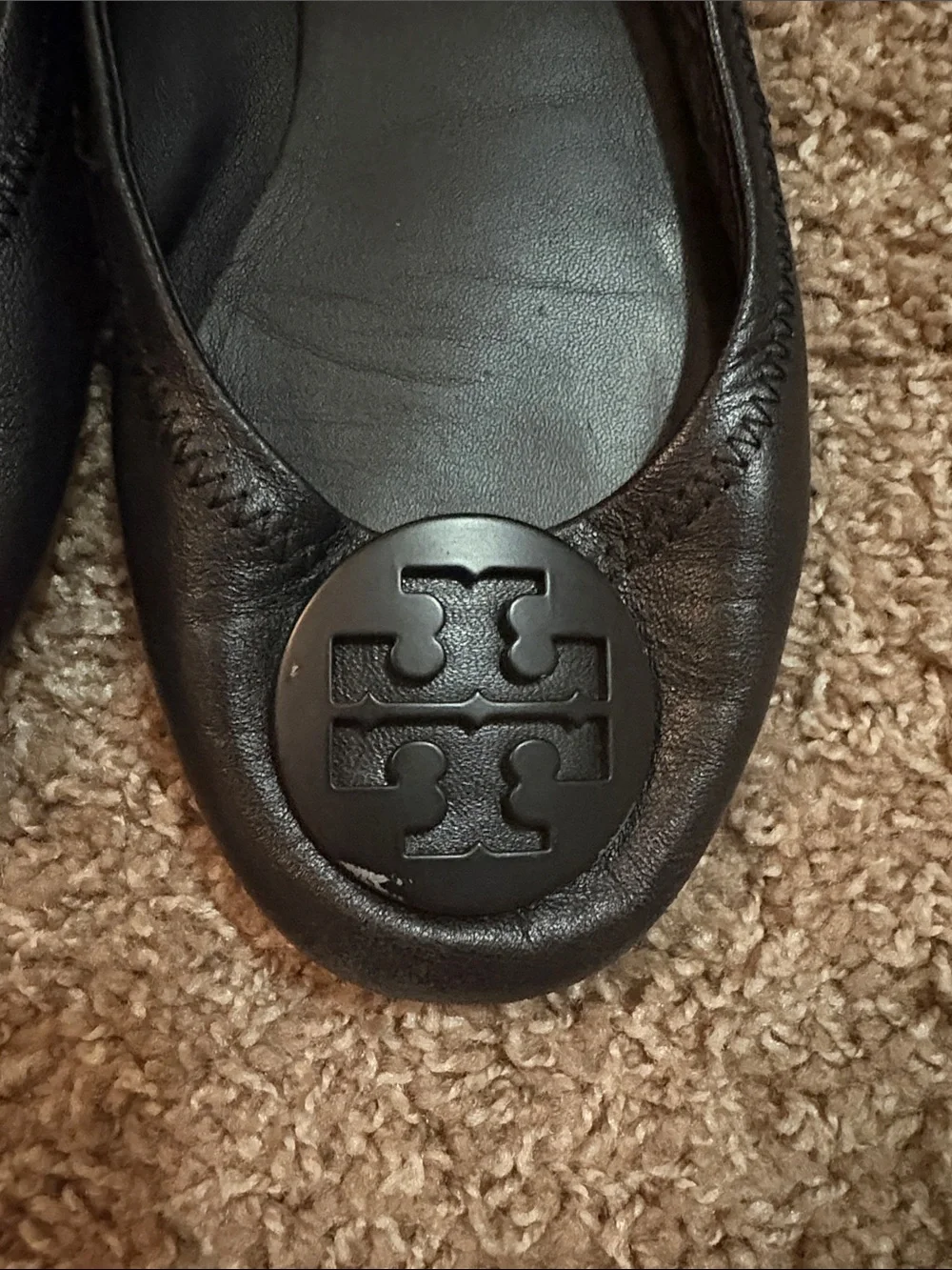 Tory Burch Black Leather Logo Ballet Flats